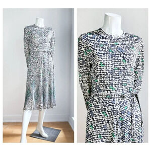 Vintage Slinky  Lurex Geometric Print Midi Dress w Matching Belt S